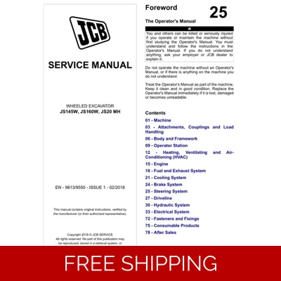 JCB JS145W, JS160W, JS20 MH WHEELED EXCAVATOR SERVICE REPAIR MANUAL